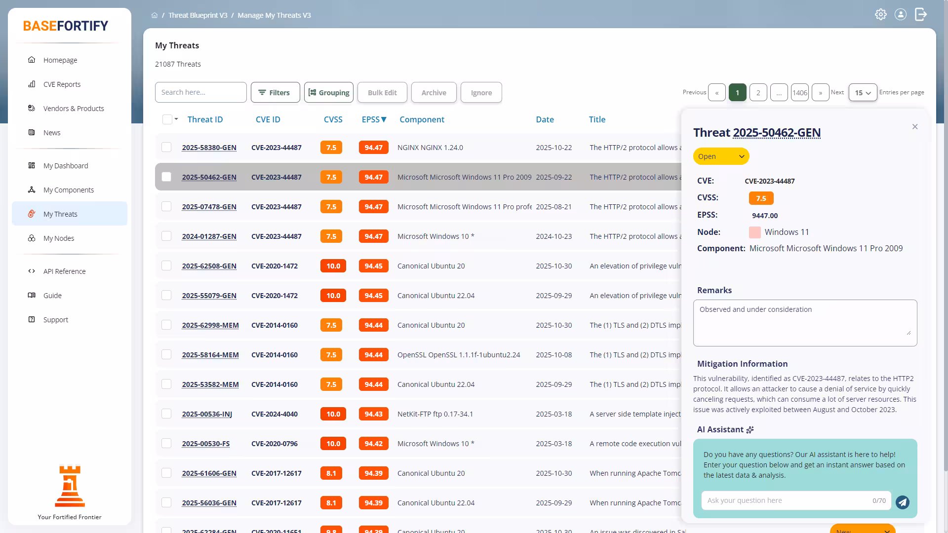 My Threats screen in BaseFortify dashboard