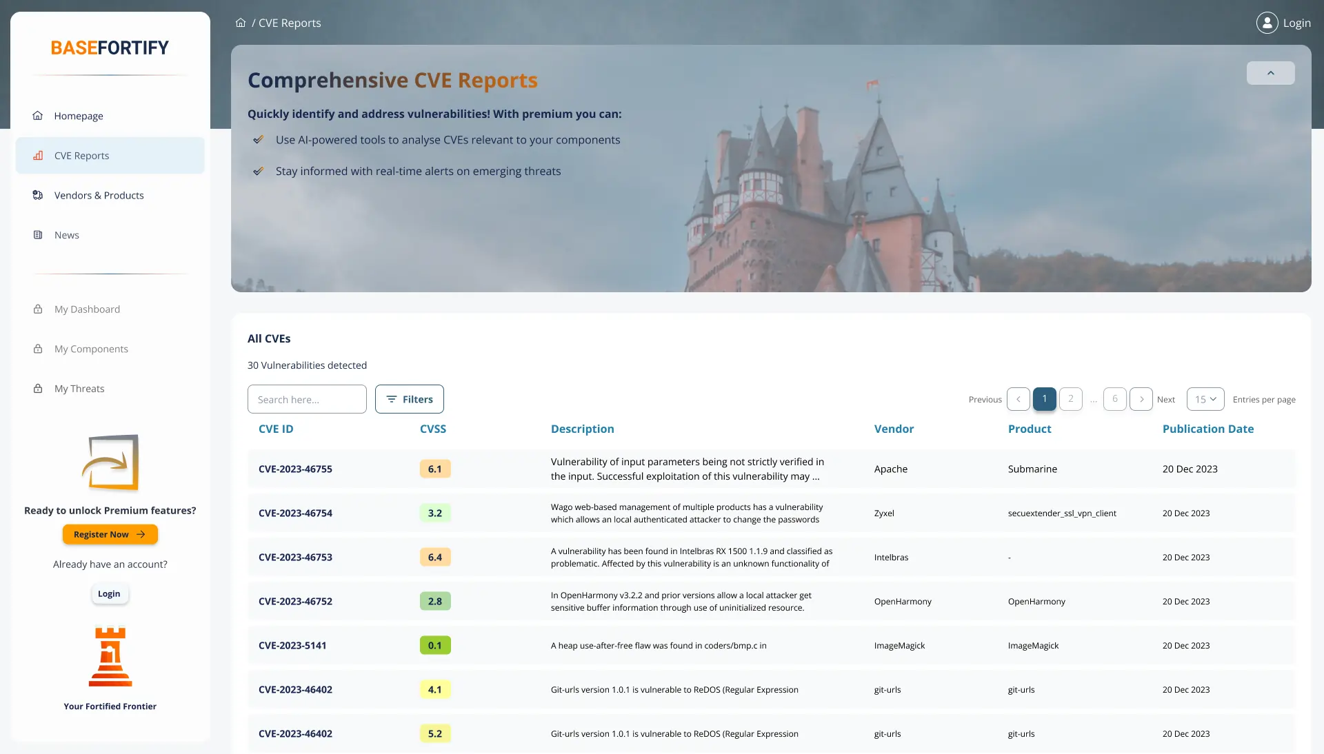 Screenshot of BaseFortify CVE report page showing vulnerability details