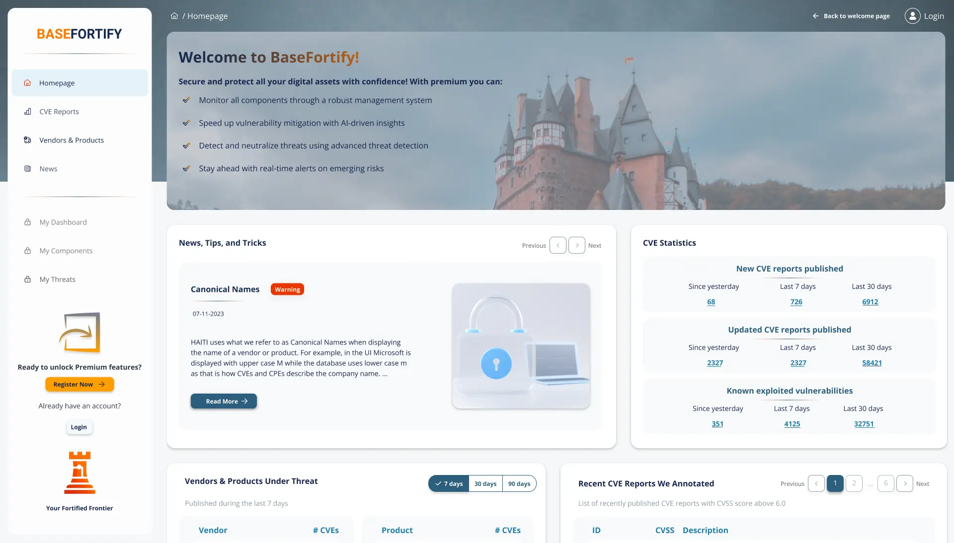 Screenshot of BaseFortify homepage providing cybersecurity tools overview