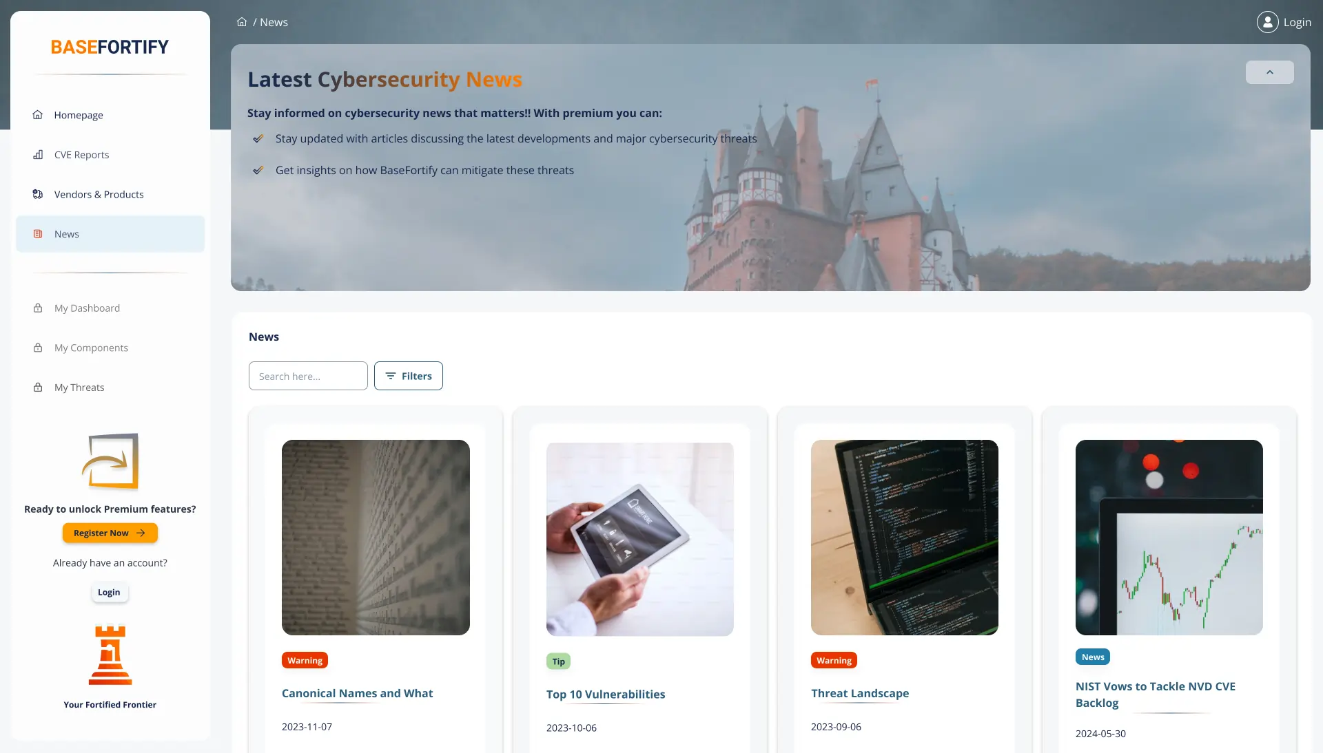 Screenshot of BaseFortify news page showcasing the latest cybersecurity updates